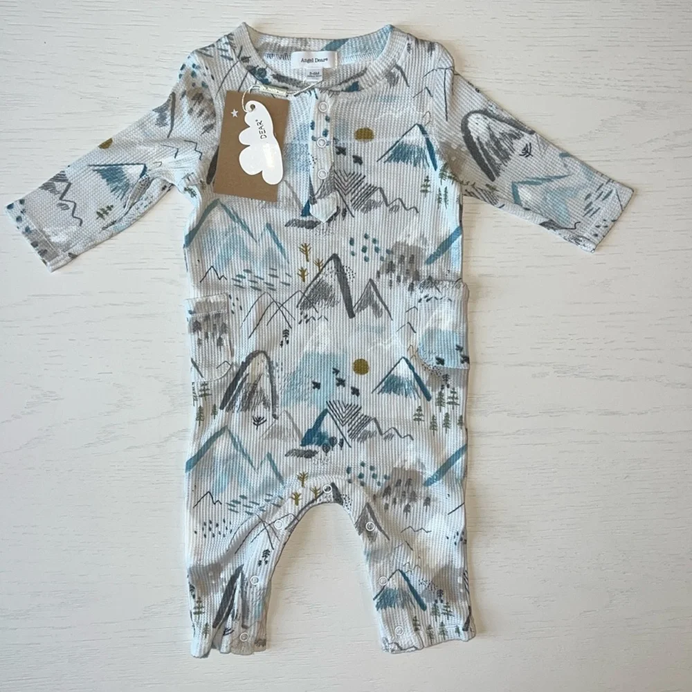 Angel Dear Blue Mountains Henley Waffle Romper 3-6 12-18 18-24 months